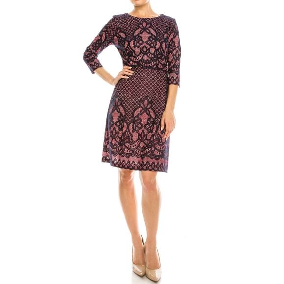 Gabby Skye 8 Quarter Sleeve Heather Print Sheath Dress Pink Blue - Picture 2 of 9